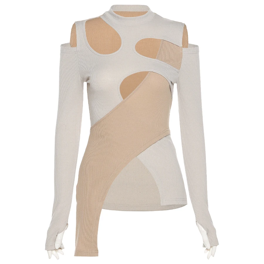 

Ribbed Hollow Out Irregular Ladies Crop Top Long Sleeve Round Neck Solid Color T-Shirt Sexy Streetwear Elegant Spring And Summer