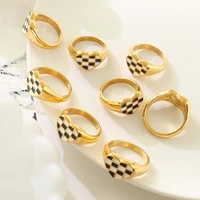 yaonuan new creative heart gold plated ring for women inlaid acrylic checkerboard titanium steel jewelry accessories daily gifts