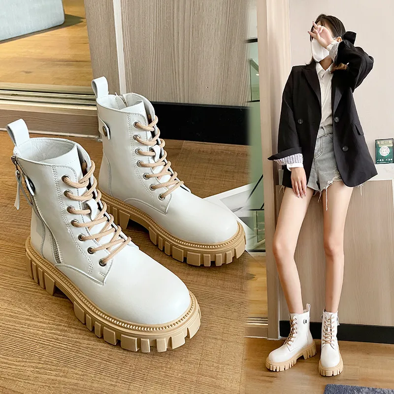 

New Style Ladies Martin Boots Pu Leather White Boots Autumn And Winter Motorcycle Boots Fashion Women Thick Heel Platform