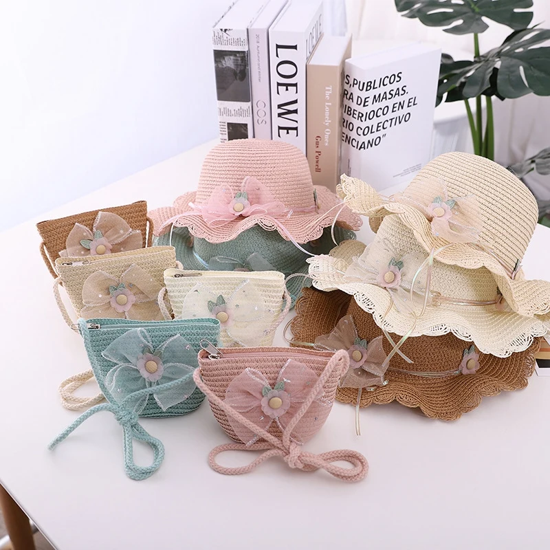 

Children's Summer Sweet Gauze Big Flower Big Eaves Sun Hat Bag Set Striped Fitted Hat