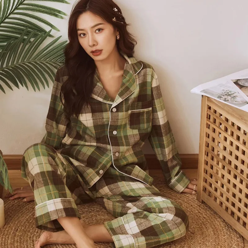

New Product Autumn Ladies Cotton Brushed Plaid Nordic Home Sleeve Pajamas Set Loungewear Women Pijama Invierno Mujer Sleep Tops