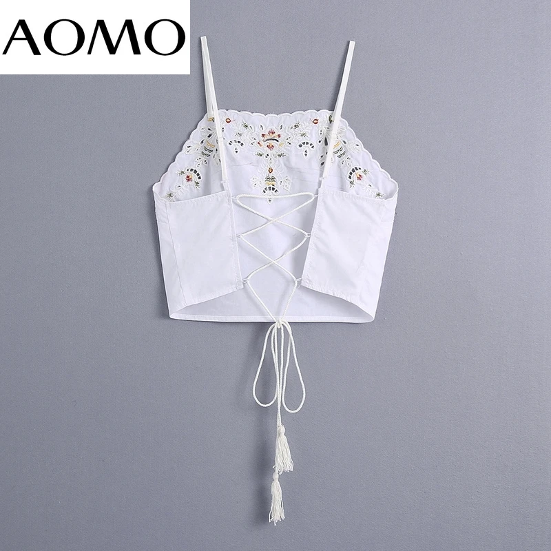 

AOMO Women Floral Embroidery Cotton Cropped Tanks Top Sleeveless Backless Female Hollow Out White Tops CE174A