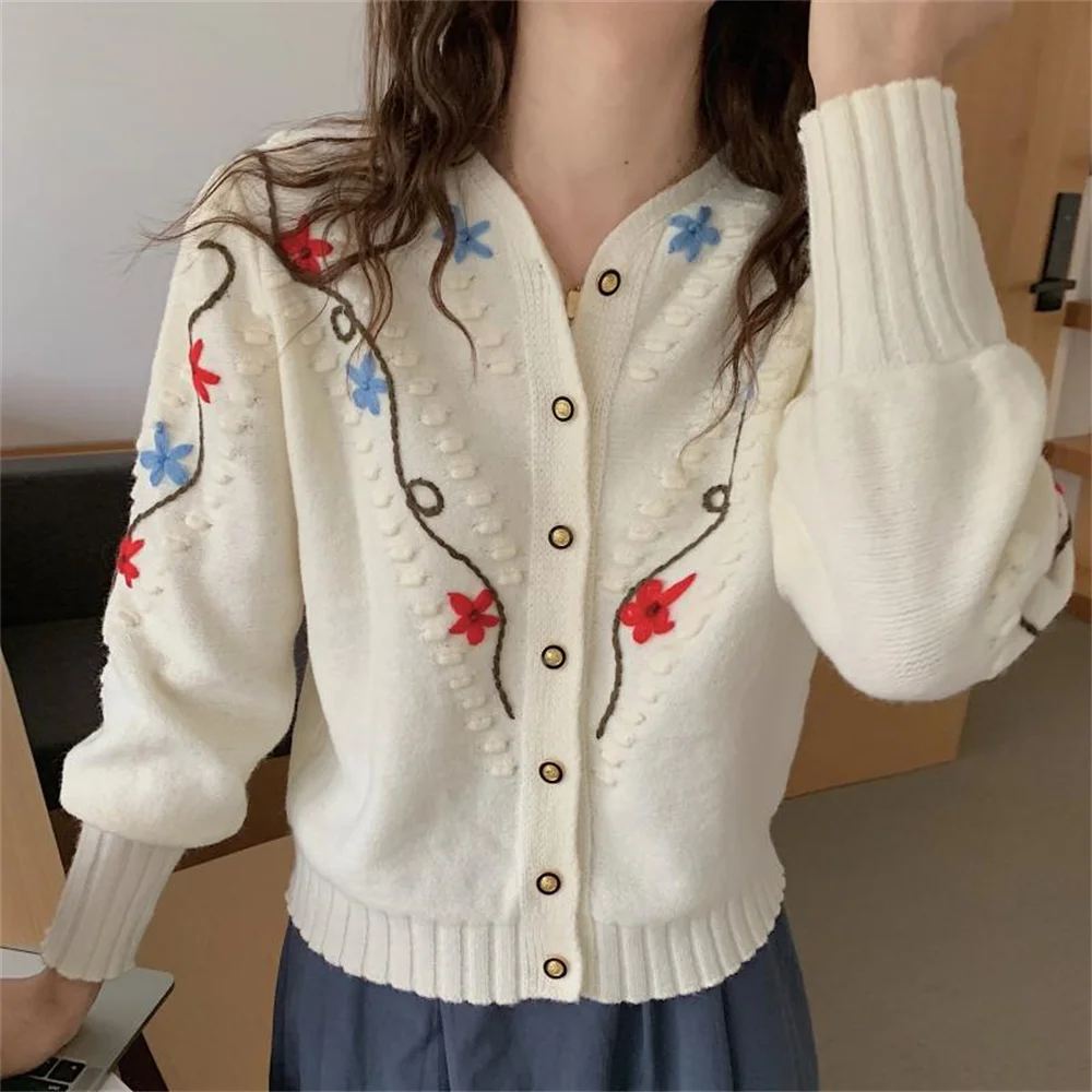 

Женский трикотажный кардиган ручной работы 민민민, свитера с цветочным рисунком, 2021, милые популярные повседневные пальто с V-образным вырезо...