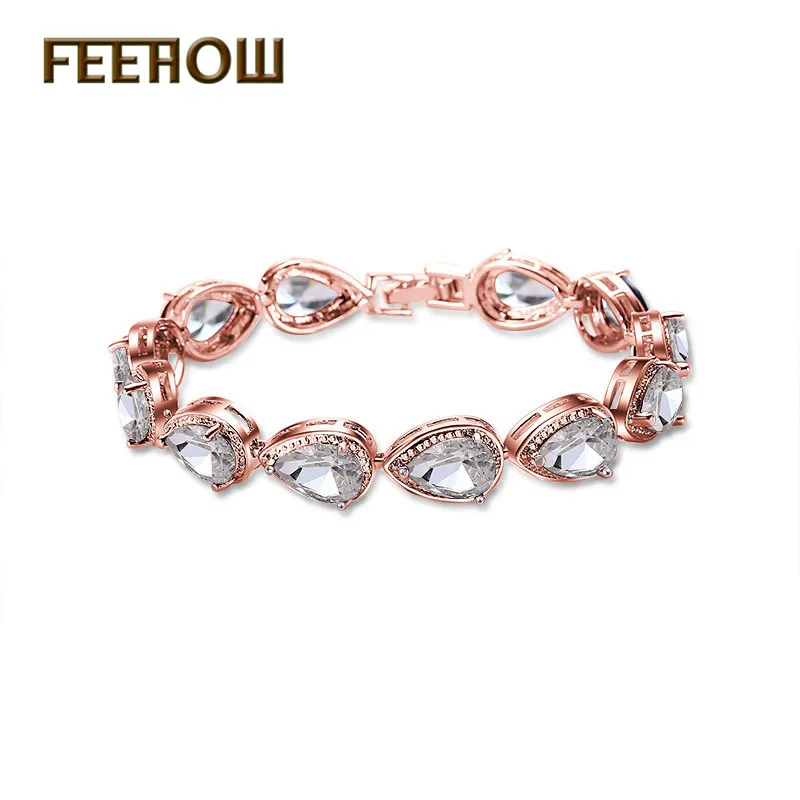 FEEHOW модные браслеты из розового золота с каплями воды кубический цирконий для