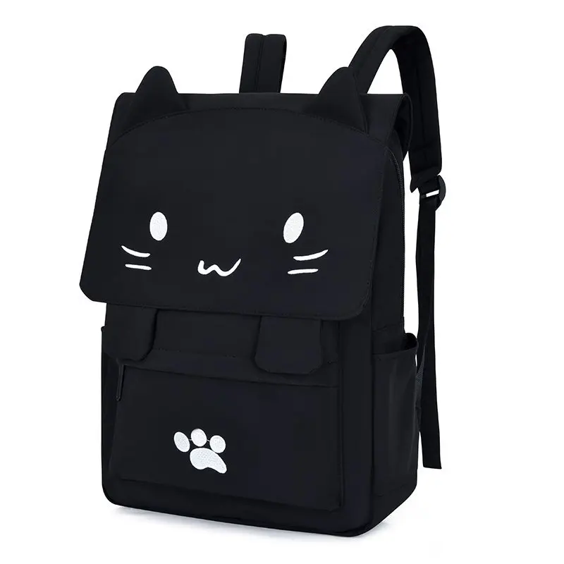 Cute Cat Canvas Backpack Cartoon Embroidery Backpacks For Teenage Girls School Bag Fashio Black Printing Rucksack mochilas exclusive design anime totoro kiki s delivery service black cat printing backpacks for teenage girls emoji school backpack