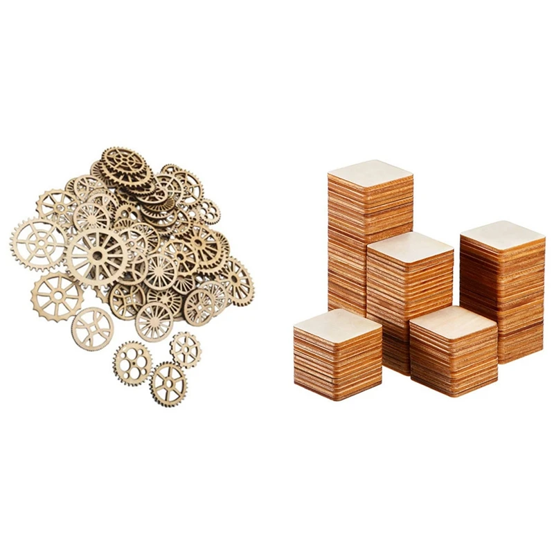 

100PCS Blank Wood Pieces Unfinished Round Corner Wooden Cutouts With 100PCS Wooden Gear Wheels Decoration