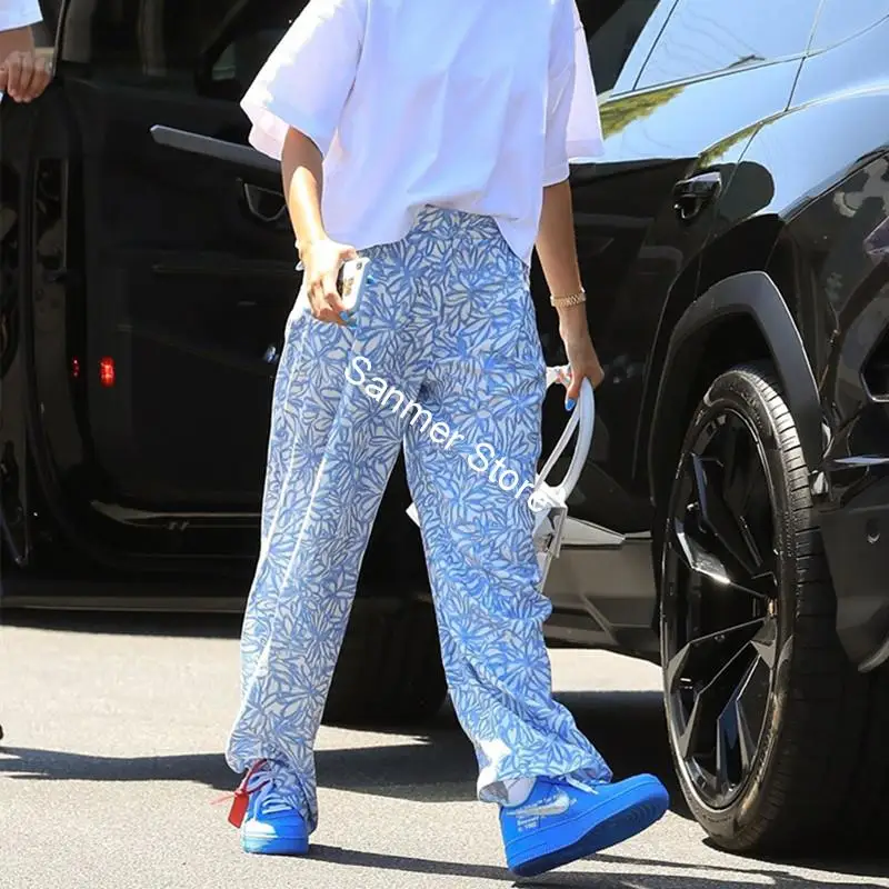 

Women's High Waist White Blue Floral Printed Casual High Waist Slim Straight Wide Leg Trousers