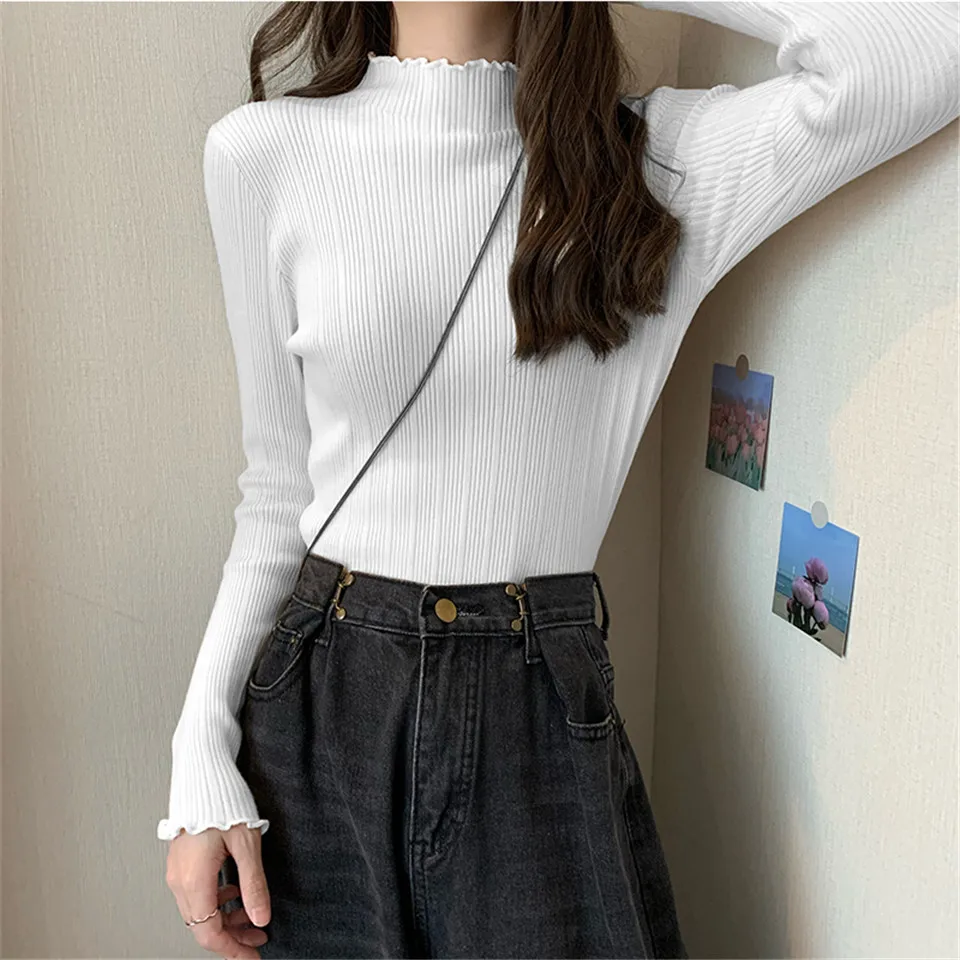 

Autumn Winter Sweater Women Half Turtleneck Slim Knit Pullovers Sweaters Korean Solid All-match Bottoming Knitted Pullovers Top