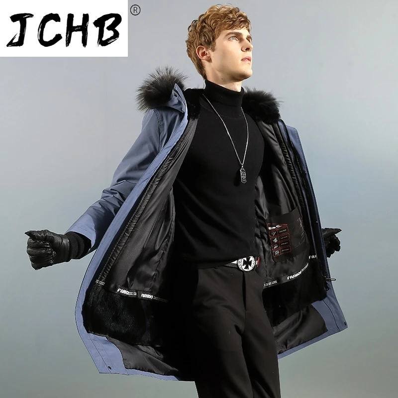 

Winter JCHB Jacket Men Clothing Real Rabbit Shearling Jackets Warn Coat 100% Raccoon Fur Collar Parka Hommes Veste LXR983