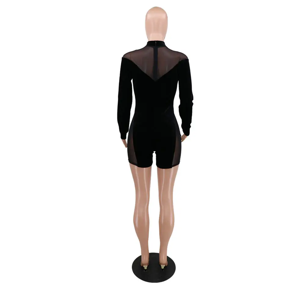 

Women Playsuit Autumn Velvet Full Sleeve Sexy Party Club One Piece Mesh Patchwork Romper Bodysuit Night Outfits