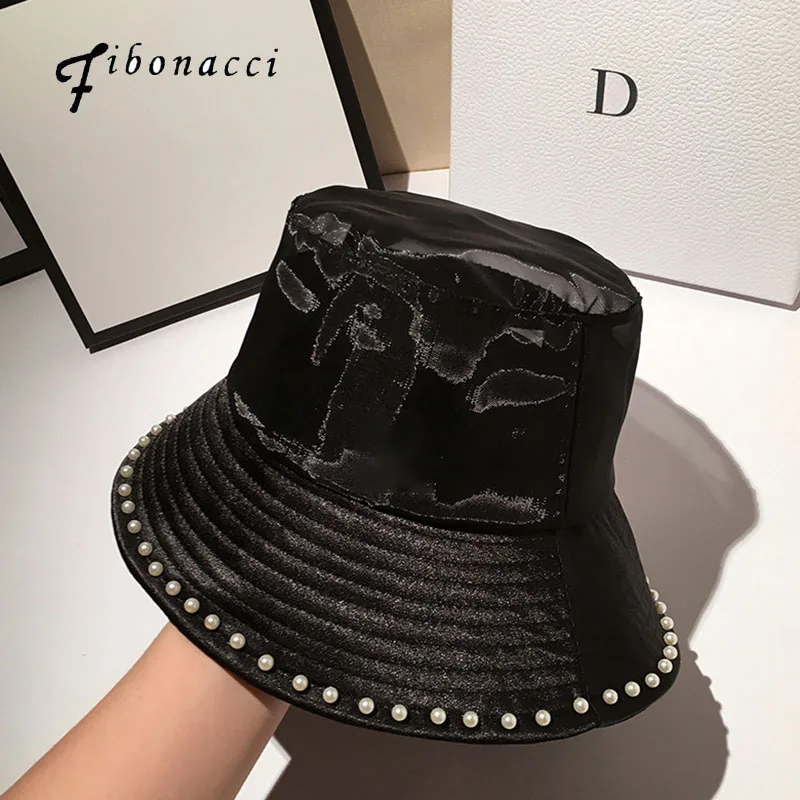 

Fibonacci Women's Bucket Hats Top Black Panama For Women Summer Sun Hat Chic Bead Foldable Travel Cap ins Fashion Hat French