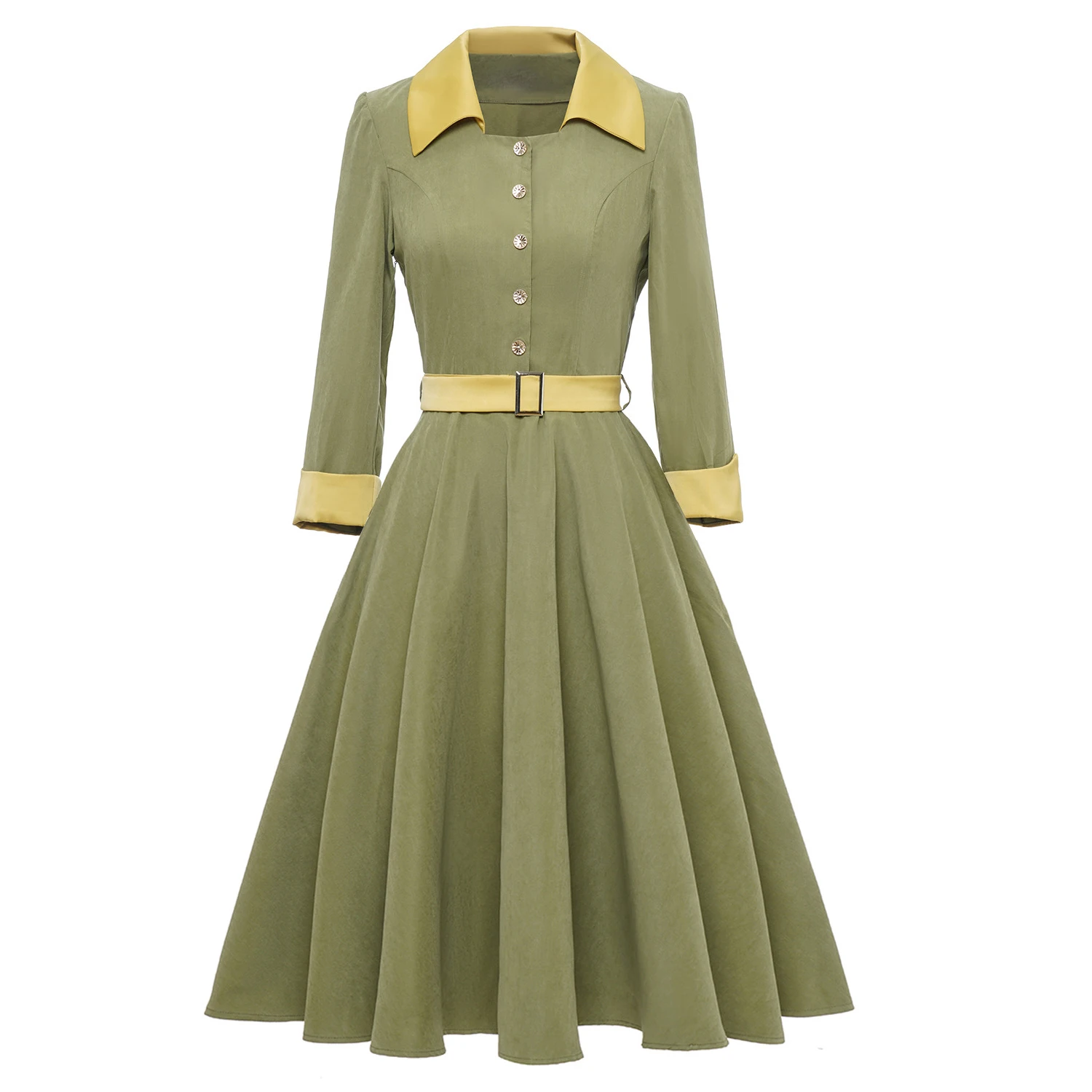 

Elegant Vintage Button Up OL Dress Women Retro Hepburn Olive Green Turn Down Collar 3/4 Length Sleeve With Belt Big Swing Robe