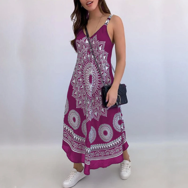

Women v neck spaghetti strap printed A-line maxi dress Summer women high waist casual designer dresses for women 2021