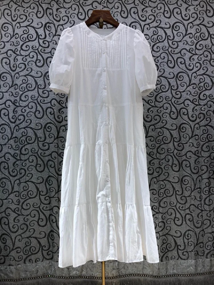 2021 Summer Fashion White Dress High Quality Women O-Neck Buttons Front Short Sleeve Mid-Calf Length Casual Cotton Dress Ladies