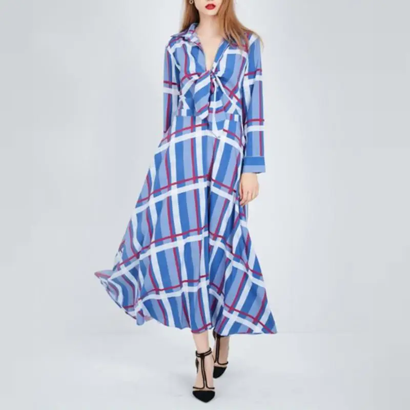2019 осеннее Полосатое длинное платье рубашка повседневное женское Макси размера