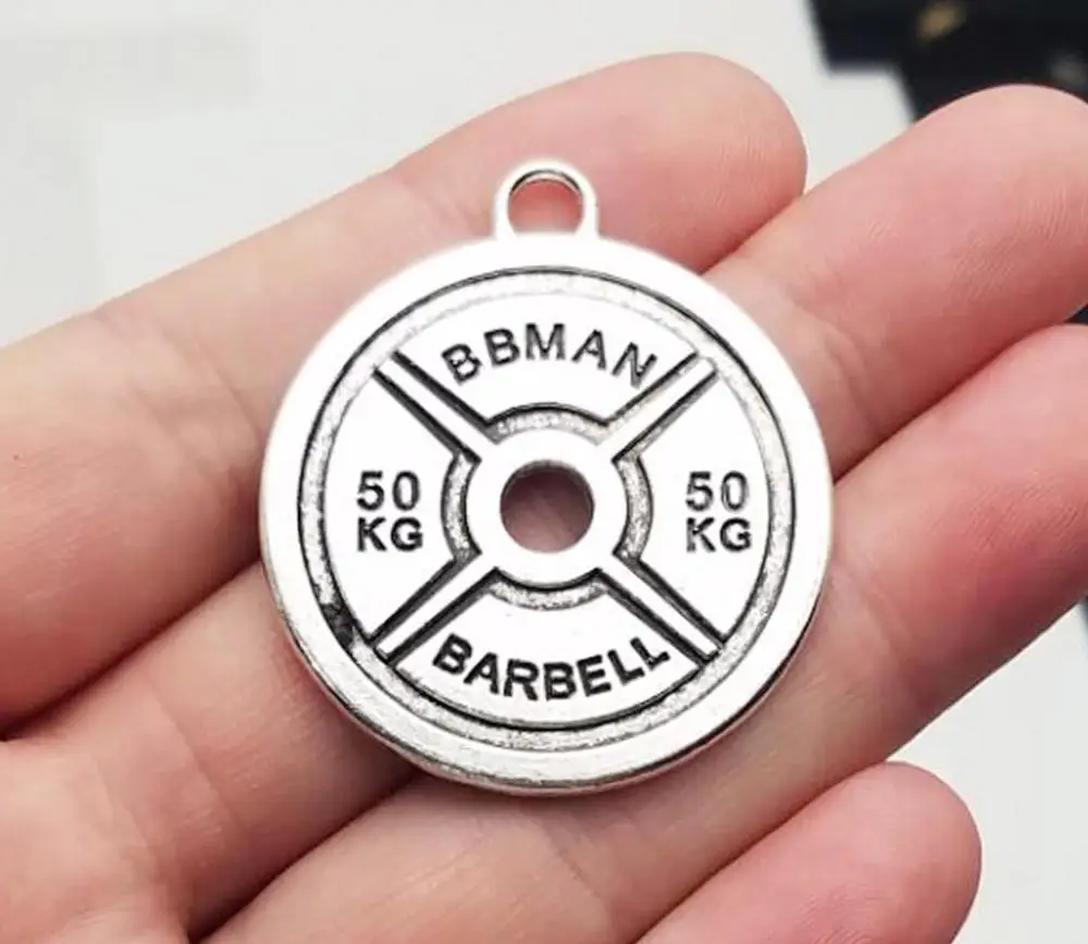 3pcs/lot--39x34mm, Antique silver plated Round " Train Hard or Go Home " Barbell 50KG Weight Plate sport Pendant,DIY supplies