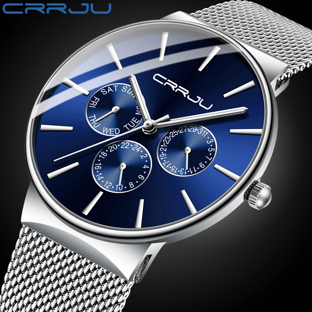 Часы CRRJU мужские наручные кварцевые брендовые Роскошные модные водонепроницаемые из нержавеющей стали с