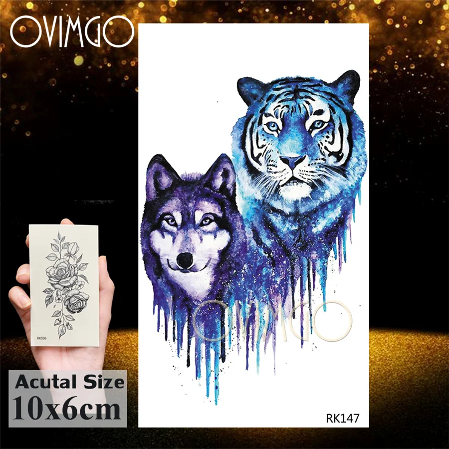 

Watercolour Cool Wolf Temporary Tattoos Sticker For Men Women Boy Body Art Arm Back Tattoos Fake Waterproof Tattoo Paper Paste