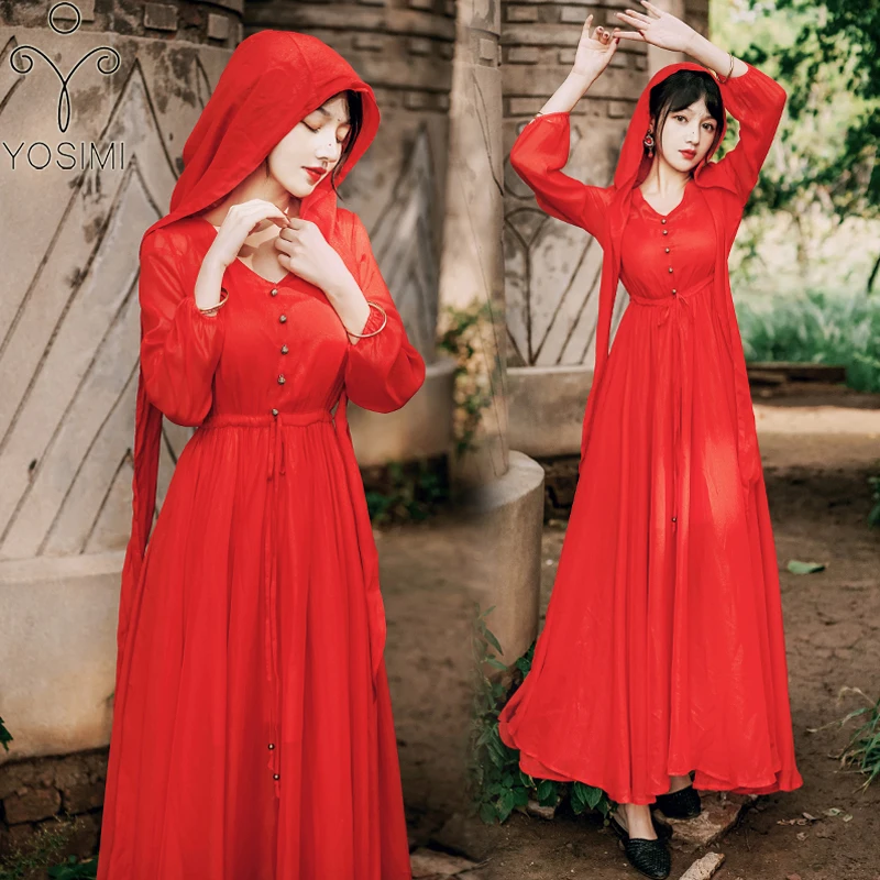 

YOSIMI 2020 Summer Red Chiffon Long Women Dress Elegant Fit and Flare Ankle-Length Lacing Long Sleeve Hooded Maxi Dresses Women