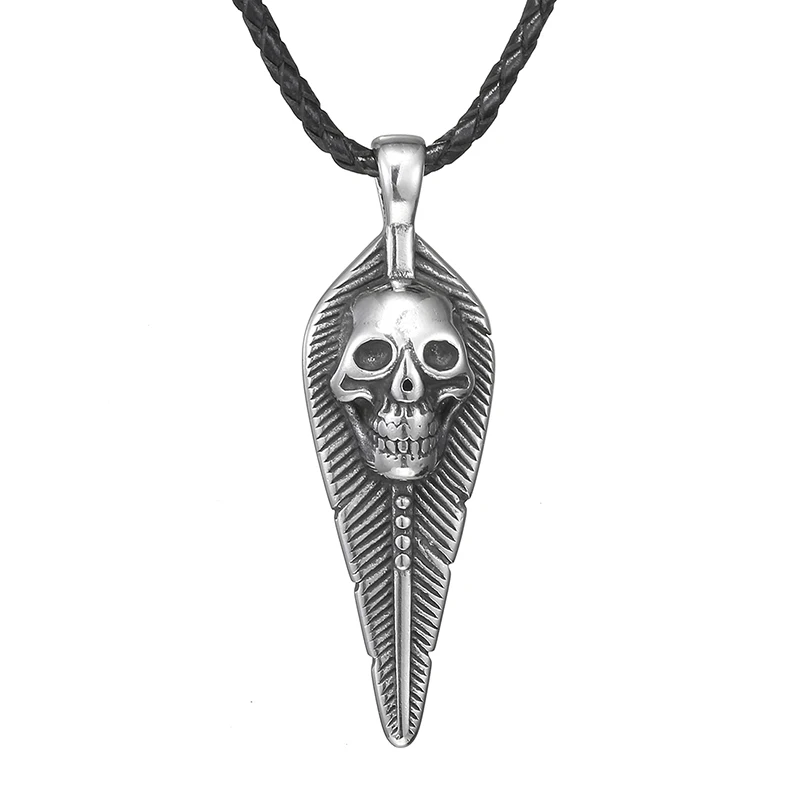 

Johnny Hallyday Skull Leaves Pendant Necklace Men Titanium Steel Vintage Punk Gold Color Necklace Black Leather Chain Jewelry