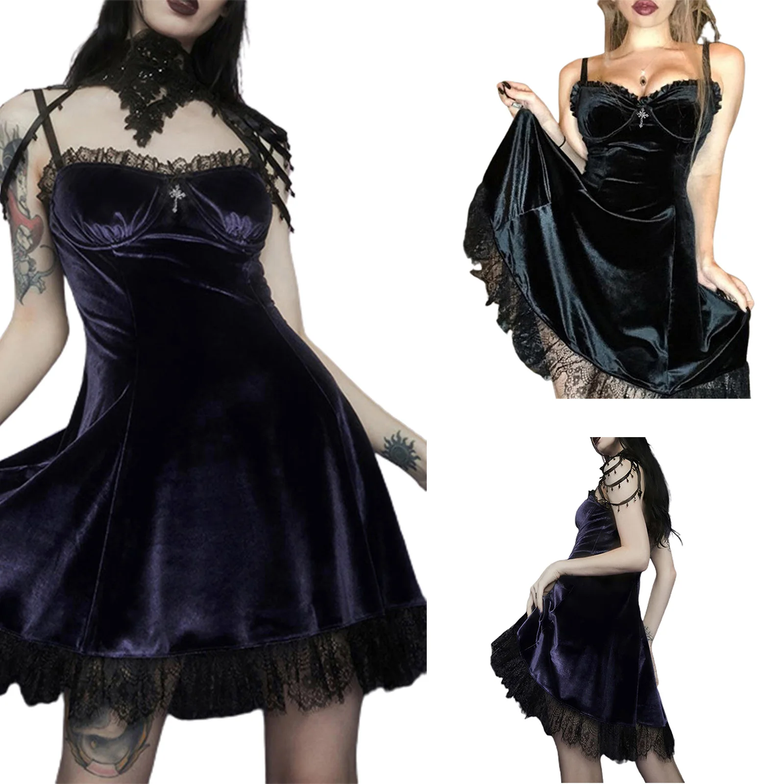 

2021 Women Ruffles Velvet Dress Adults Sleeveless Spaghetti Strap V-Neck Lace Trim Bowknot One-piece