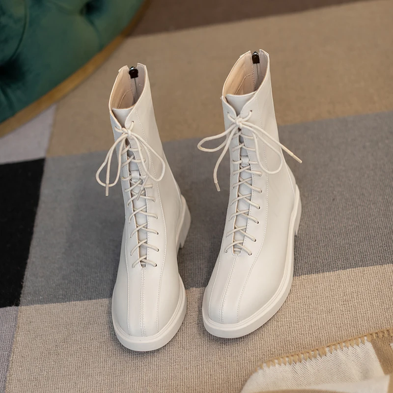 

Fanyuan 2021 Motorcycle Boots PU Leather Round Toe Fashion Women Shoes Lace Up Zipper Ladies Ankle Boots Big Size 32-43