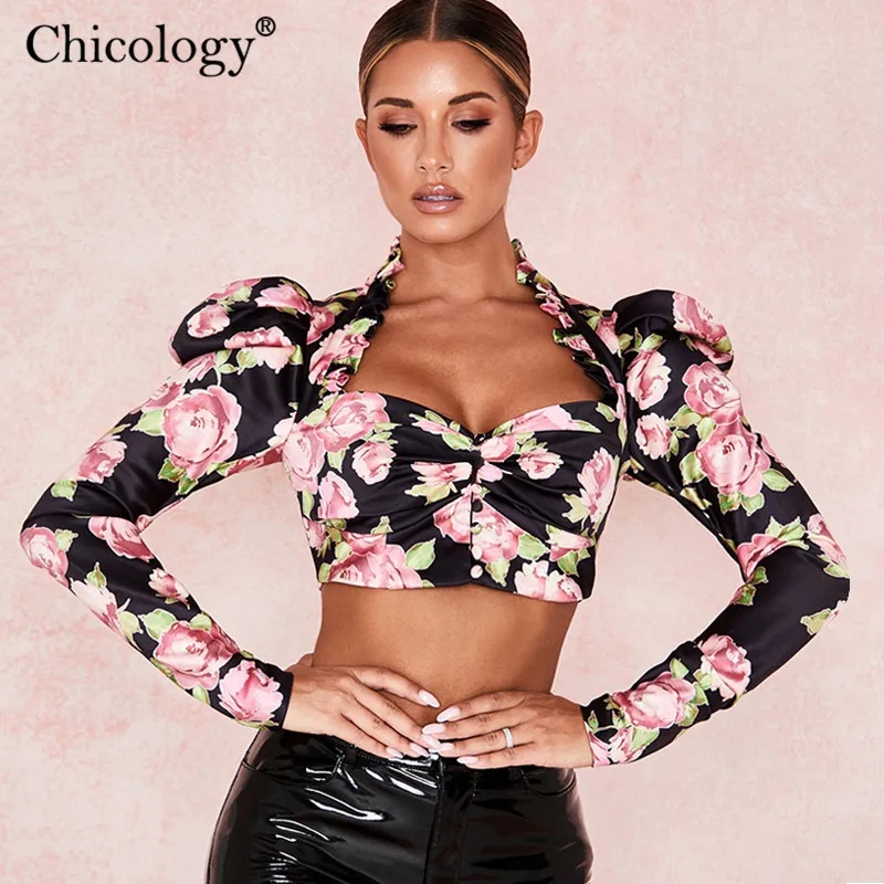 Chicology буфами на рукавах цветочек цветочным Леди Блузка длинным рукавом Лонгслив