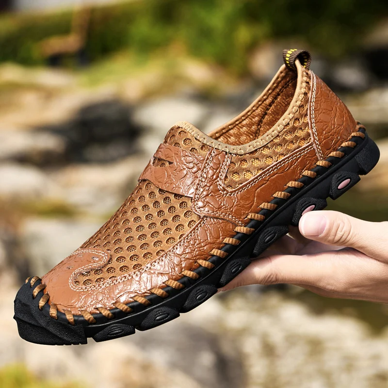 

Top Quality Outdoor Casual Shoes Genuine Leather Breathable Mesh Shoes Fashion Design Hand Made Mens Running Shoes Sport Sneaker