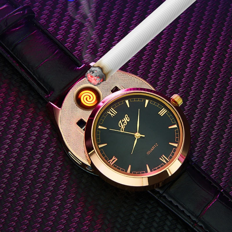 Часы мужские с зажигалкой модные перезаряжаемые USB часы беспламенным кожаным