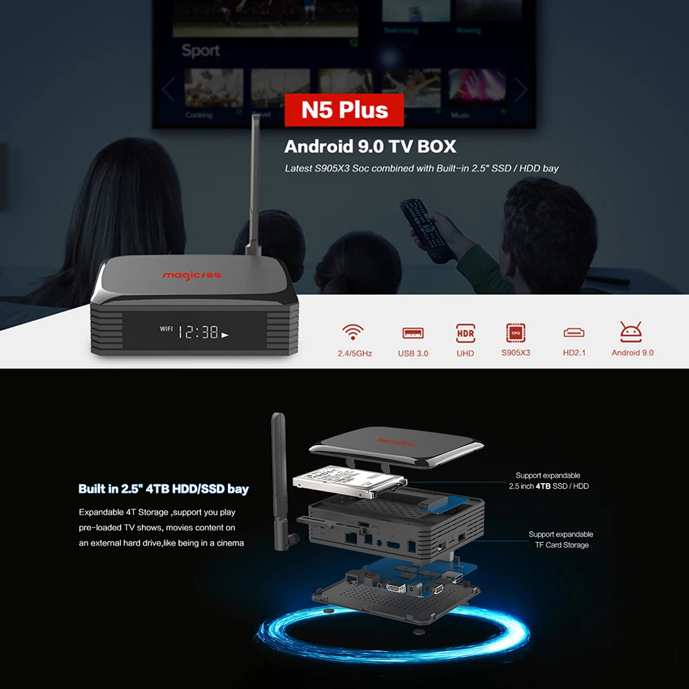 ТВ-приставка Magicsee N5 PLUS Amlogic S905X3 Android 9 0 4 Гб 64 100 м Dual Wifi 4K 8K Youtube медиаплеер