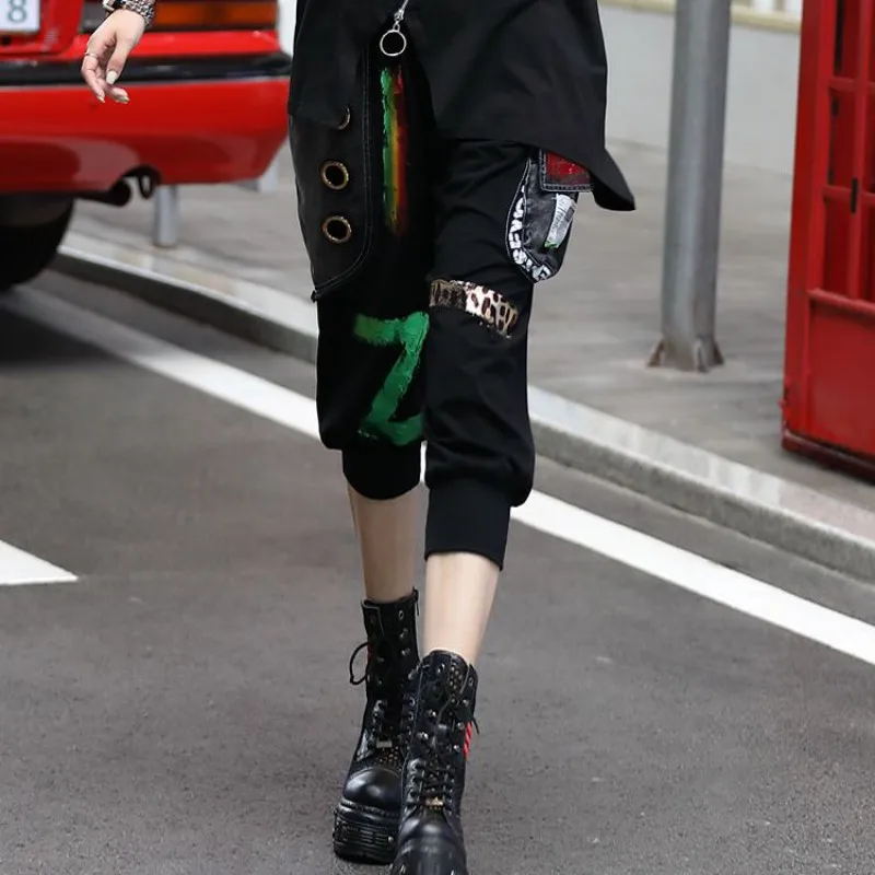 

Elastic Waist Cotton Black Calf-Length Pants Women Spliced Pockets Loose Female Casual Harem Pants Summer High Street European