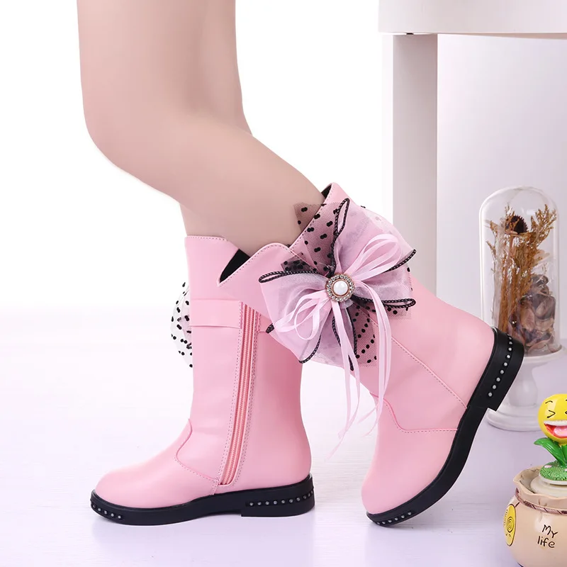 

Winter Girls Leather Shoes Fashion Warm Kids Knee Boots Cute Bow Lace Girls Snow Boots Non-slip Princess Shoes STQ062