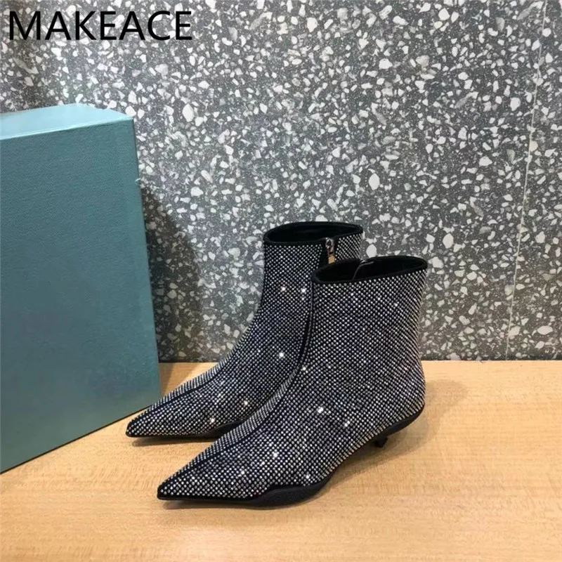 

Spring and Autumn 2021 New Rhinestone Fashion Boots Women Black Kitten Heels Ankle Boots WomAn Sexy Pointed Toe Tan Boots Woman