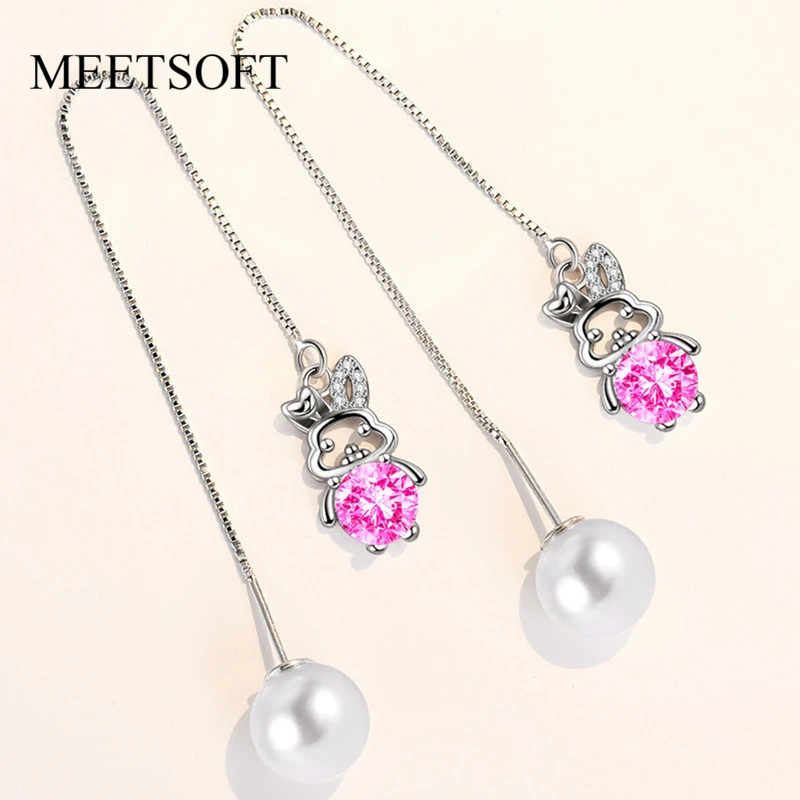 

MEETSOFT модные серьги из серебра 925 пробы в форме сердца, животных, кролика, красочные циркониевые жемчужные длинные серьги-кисточки для женщин...