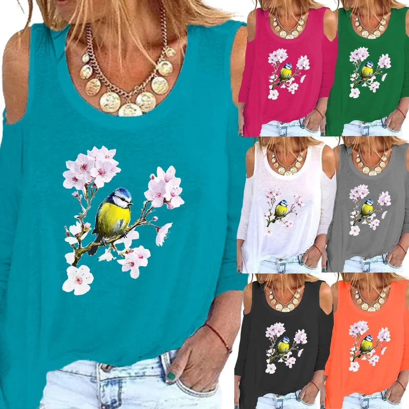 

The New Women for Clothing Fashion Printing Round Neck Sexy Off Shoulder Long Sleeve Loose Tops Spring and Autumn Graphic Tops