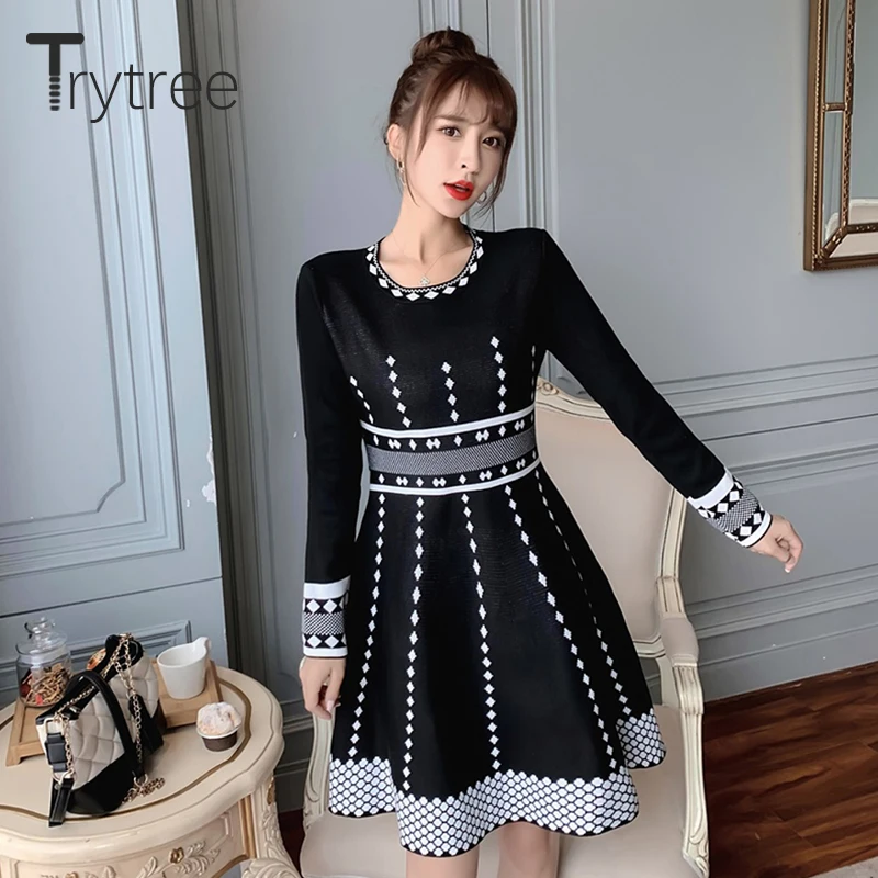 Trytree 2019 Осень Зима Женское Повседневное платье Элегантное с o образным вырезом