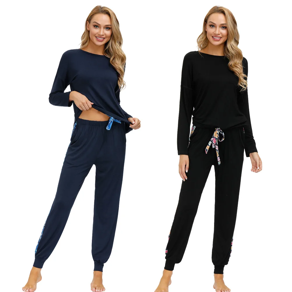 

Zexxxy Women Comfy Pajamas Long Sleeve Tops+Skinny Pants 2pcs Set Sleepwear Solid Color Top Side Seam Printing Stitching Trouser