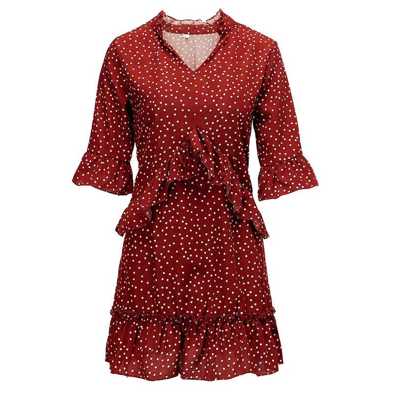 

Summer Loose Casual Polka Dot Chiffon Dress Women 2020 Half Sleeve Ruffles Beach Yellow Mini Ladies Woman Dresses Femme Robe