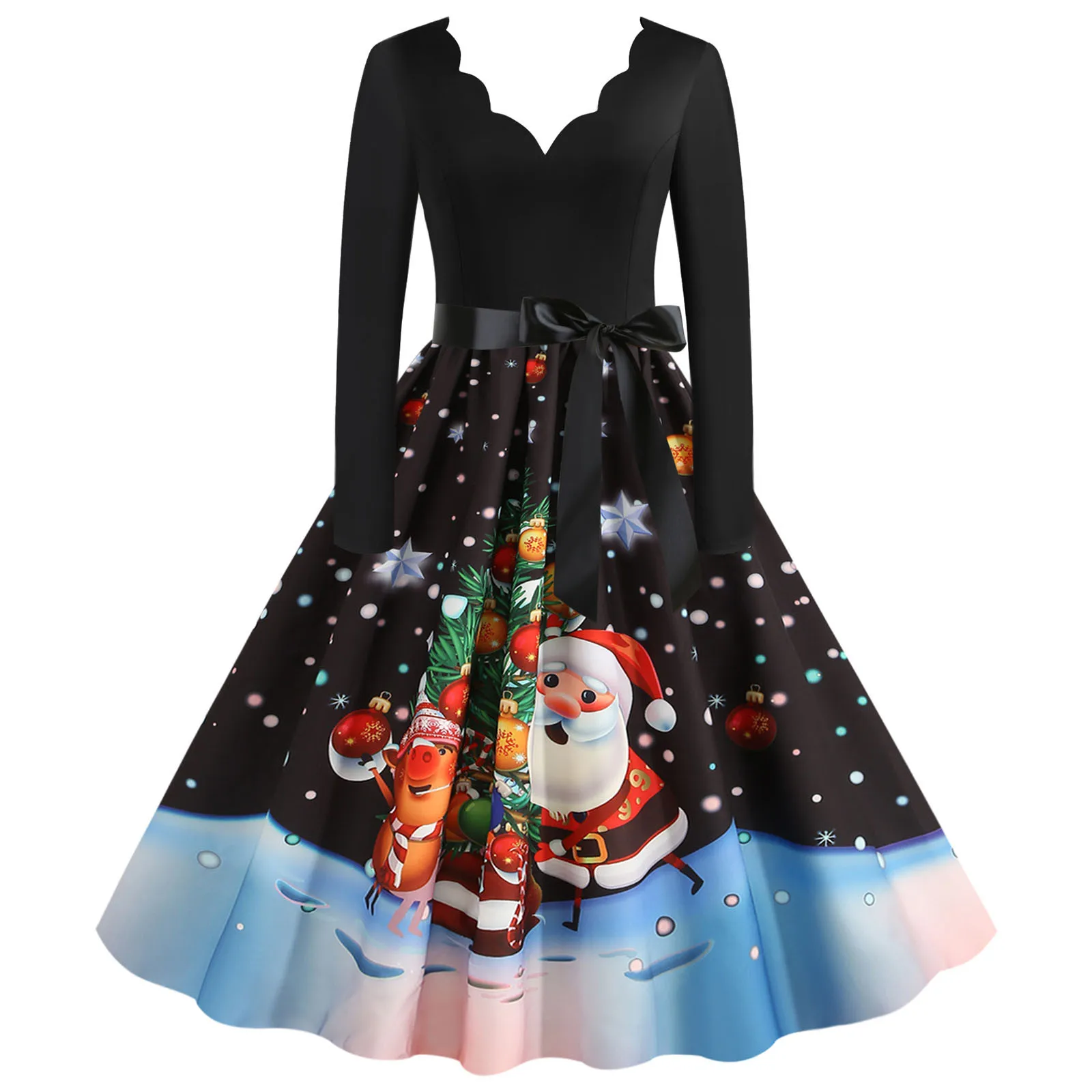 

Women Vintage Long Sleeve Christmas 1950s Housewife Evening Party Prom Dress