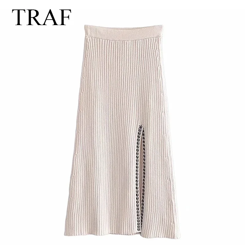 

TRAF ZA Skirts Fashion Knitted High-waisted Skirt Solid A-Line Slim Woman Clothes High Split Elegant Sexy Ladies Long Skirts