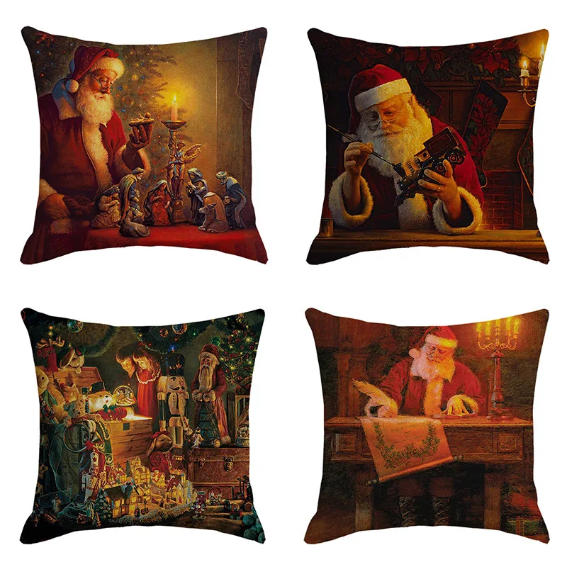 

Home Christmas Red Pillowcase, 45x45cm Santa Pattern Linen Cushion Cover