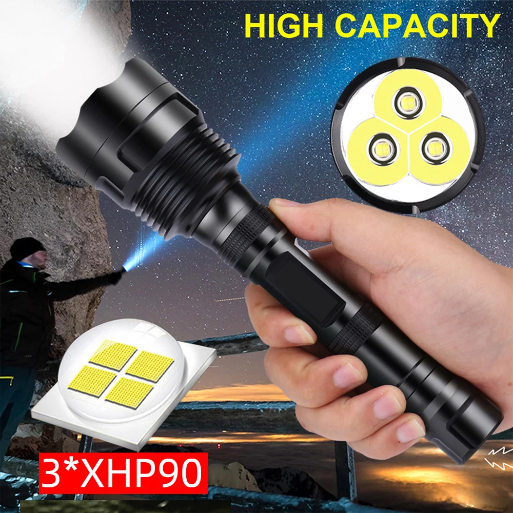 Самый мощный светодиодный фонарик XHP90 водонепроницаемый тактический фонарь для