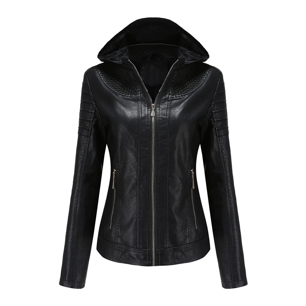 2021 new European and American autumn and winter clothes detachable hooded leather clothes women's Plush warm jacket