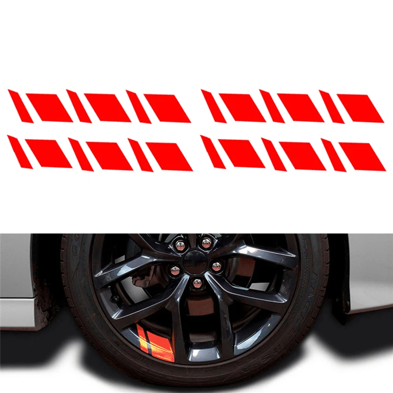 

12X Reflective Car Wheel Rim Vinyl Precision Cut Decal Sticker Pressure Activated Adhesive Auto Red Accessories for 16"-21" Rims