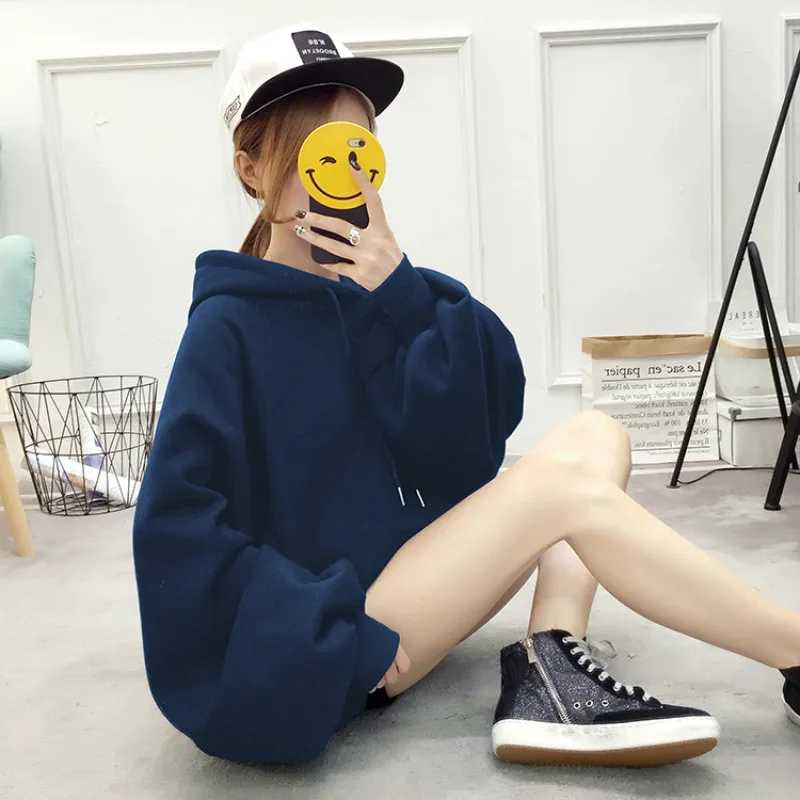 

Hoodies Women Solid Hooded Simple New Female Korean Style Students Loose Plus Velvet Womens Sweatshirts Chic Casual Soft Tops