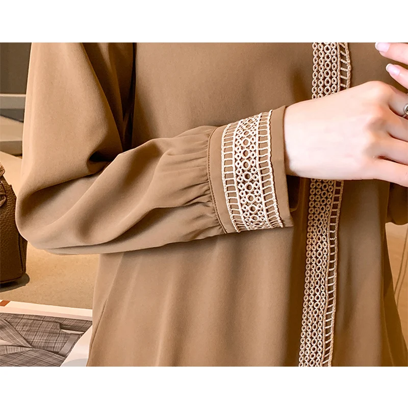 

Spring Women's Vintage Office Patchwork Crochet Satin Blouse Lady V Neck Long Sleeve All-match Hollow Out Elegant Tops T15822X