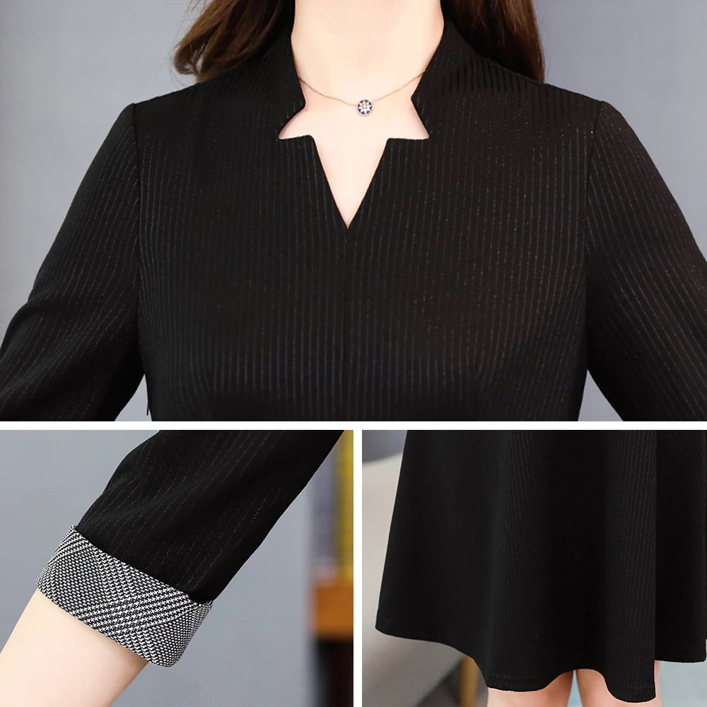 

2020 Spring Women Black Dress New Fashion Female Midi Dress A Line M 3XL V neck Three Quarter Sleeve Elegant Ladies Dresses