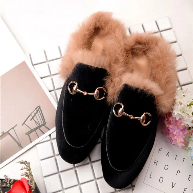 Fur Black Velvet VISI HOP/ г.; модные Настоящий мех кролика; Шлепанцы из натуральной кожи; женские пушистые тапочки; зимняя теплая обувь - Цвет: Fur Black Velvet