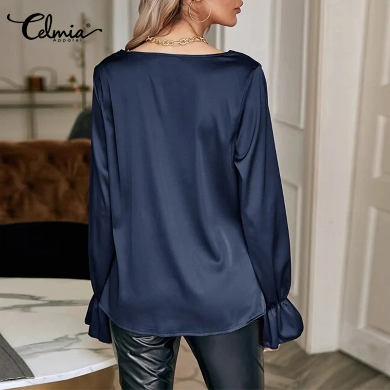 Women Satin Tops Tunics Autumn Blouses Celmia 2022 Fashion Casual Sexy Cowl Neck Elegant Shirts Long Flare Sleeve Party Blusas