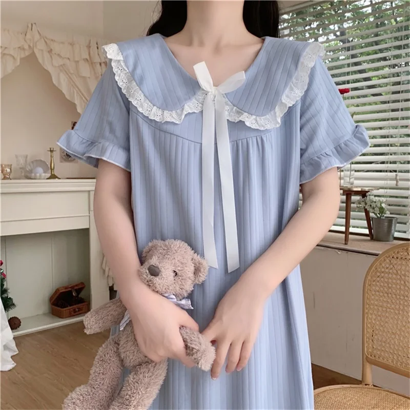 Summer Kawaii Elegant Gauze Blue White Bow Women Girl Pajamas Sweet Chic Chiffon Home Service Mid-Calf Nightdress Women Clothing